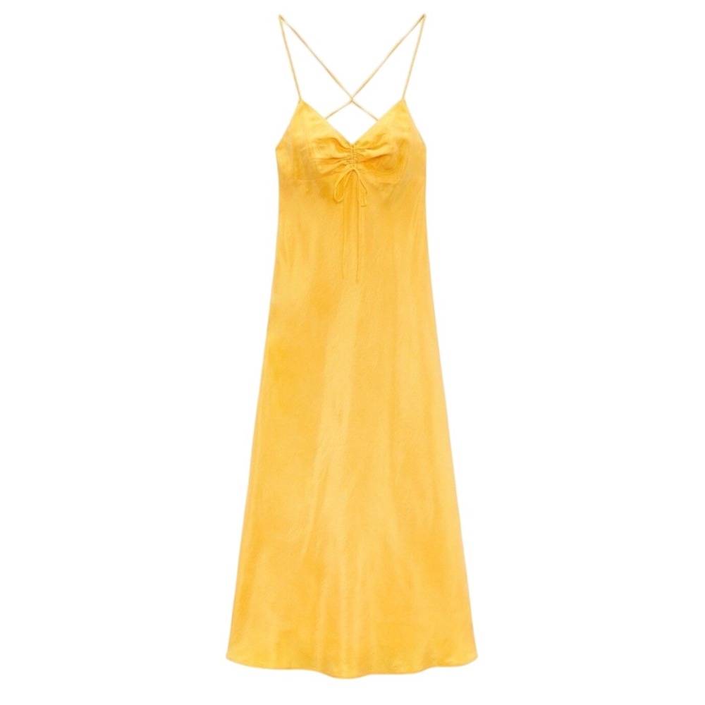Zara Yellow Ruched Midi Slip Dress Open Back Spaghetti Strap Summer Size Small